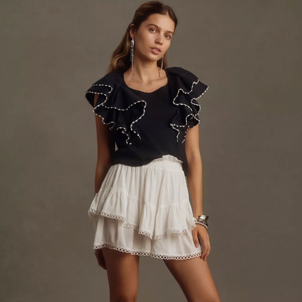 By Anthropologie Oversized Ruffle Sleeve Top – Black Cotton Poplin, XXS